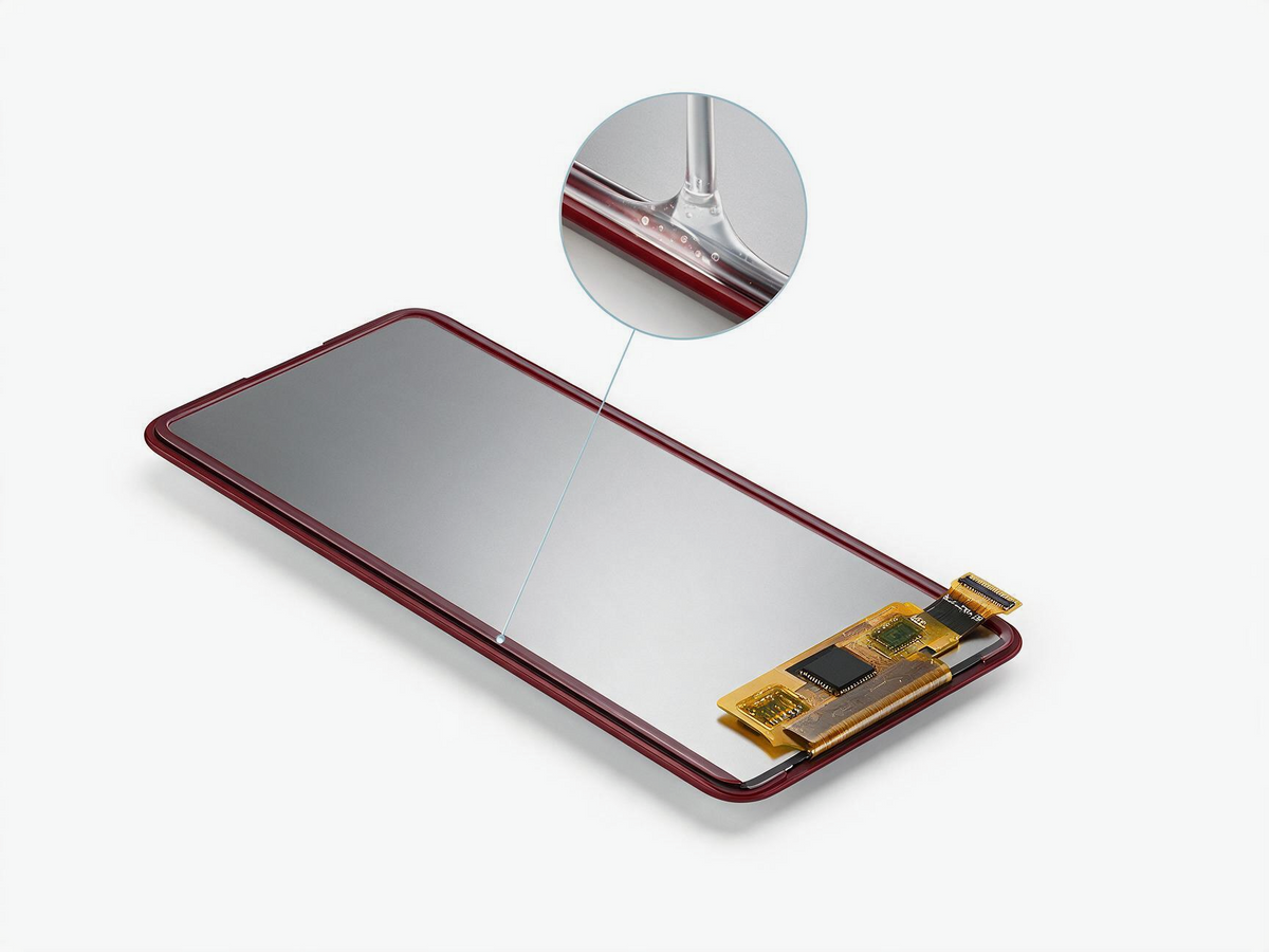 UV delayed-cure adhesive applied to a narrow display bezel.