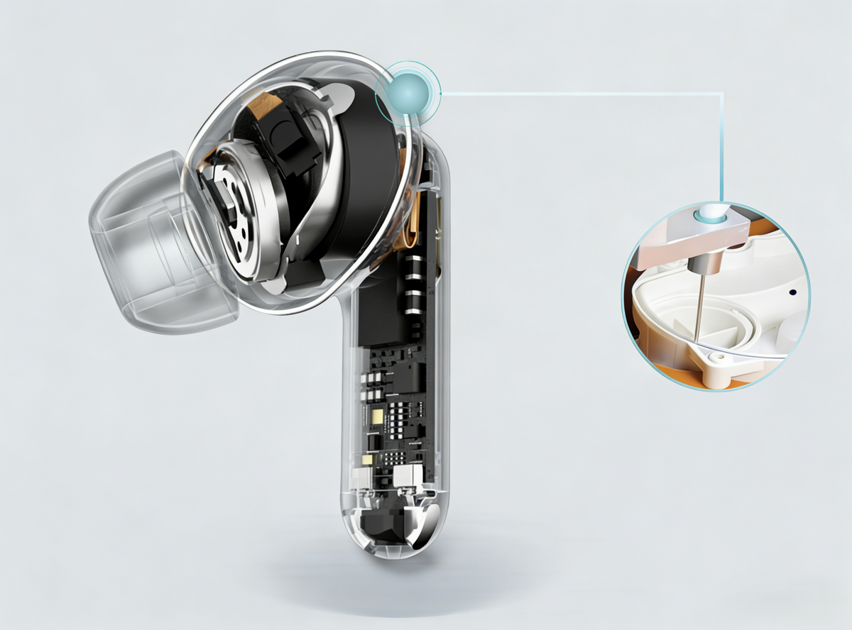 Cutaway of a true wireless earbud with a callout on the adhesive bond between the driver housing and the outer shell.