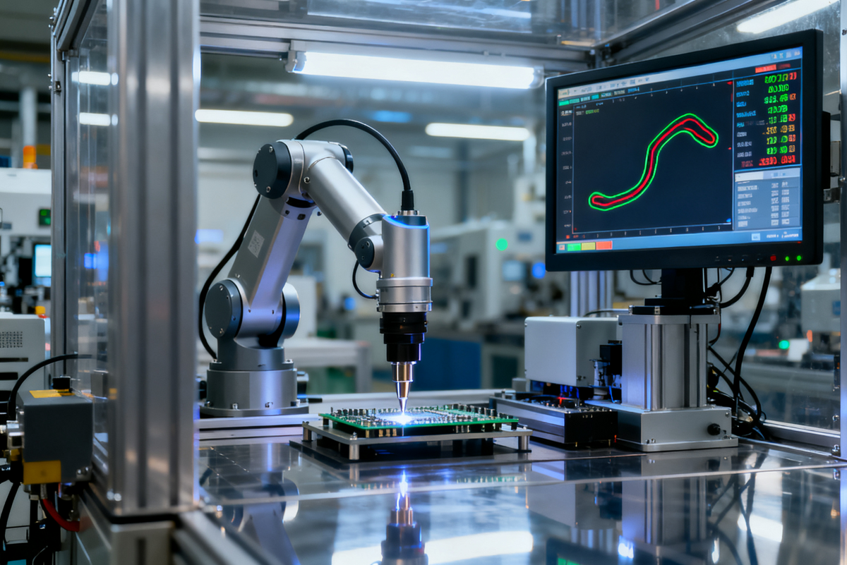 Robotic dispensing cell applying an adhesive bead to a circuit board, with the programmed path shown on an inspection monitor.