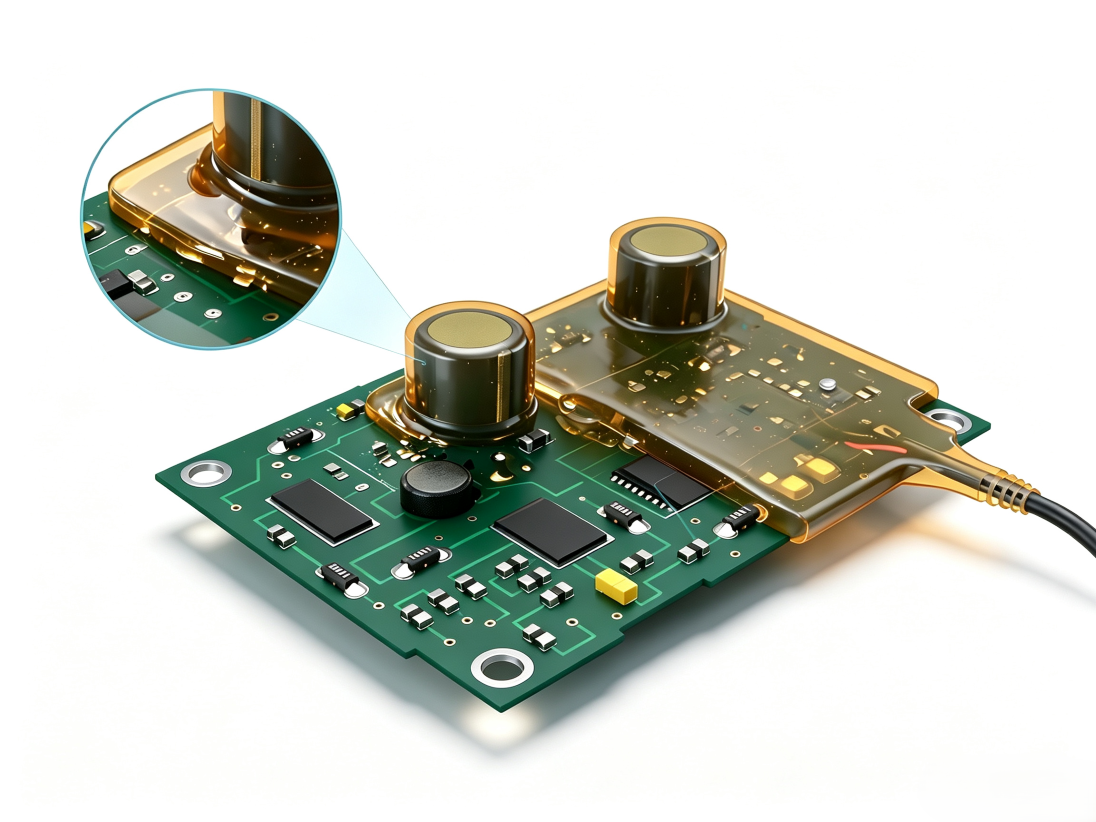 Adhesive bead applied to components on a printed circuit board.
